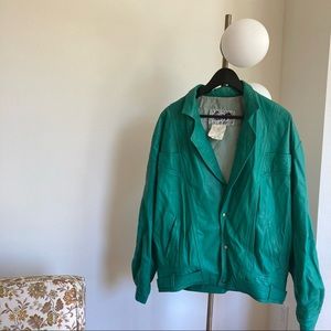 Genuine leather teal bomber